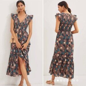 Anthropologie The Peregrine Midi Dress XS Smocked Button Front Pockets Cotton